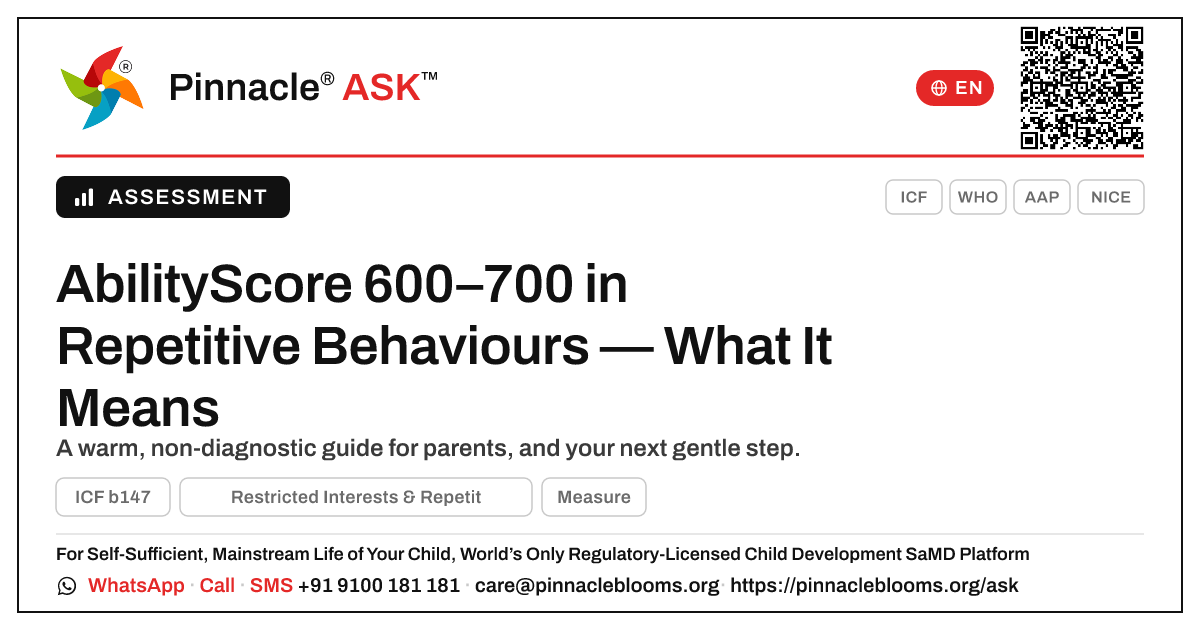 What an AbilityScore of 600–700 in Restricted Interests & Repetitive Behaviours Means — Pinnacle Ask answer card with a short explanation and QR link