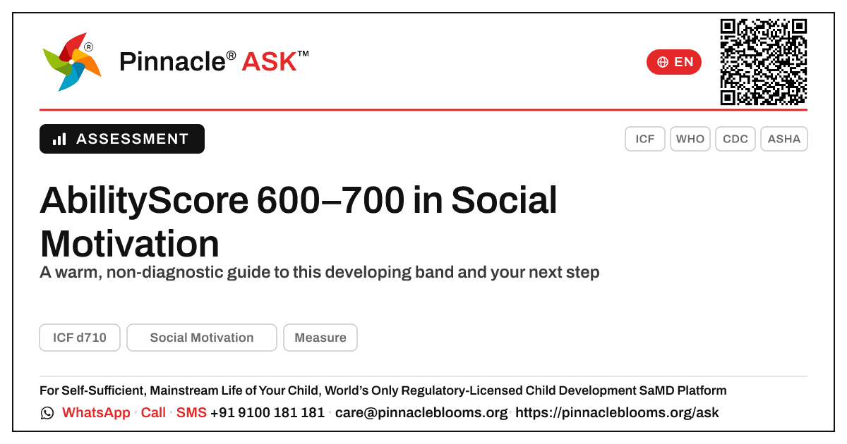 What an AbilityScore of 600–700 in Social Motivation Means — Pinnacle Ask answer card with a short explanation and QR link