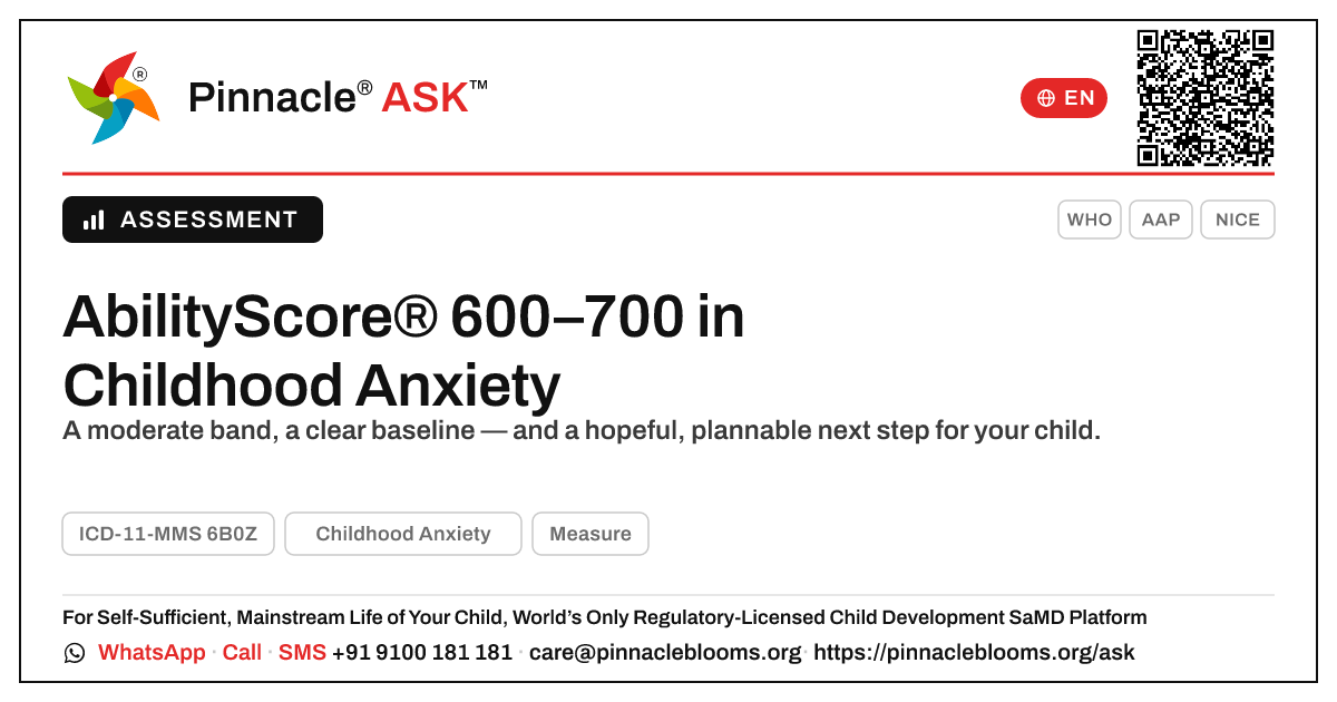What does an AbilityScore of 600–700 mean for a child with Childhood Anxiety? — Pinnacle Ask answer card with a short explanation and QR link