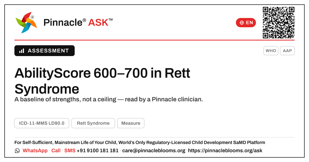 What does an AbilityScore of 600–700 mean for a child with Rett Syndrome? — Pinnacle Ask answer card with a short explanation and QR link