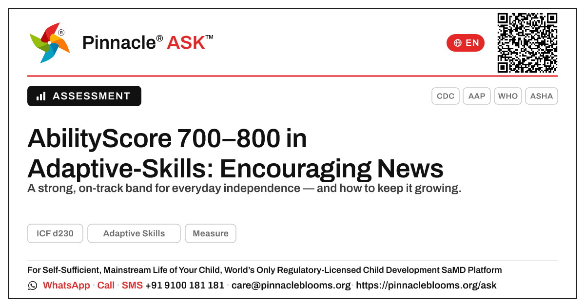 What an AbilityScore of 700–800 in Adaptive-Skills Means — Pinnacle Ask answer card with a short explanation and QR link