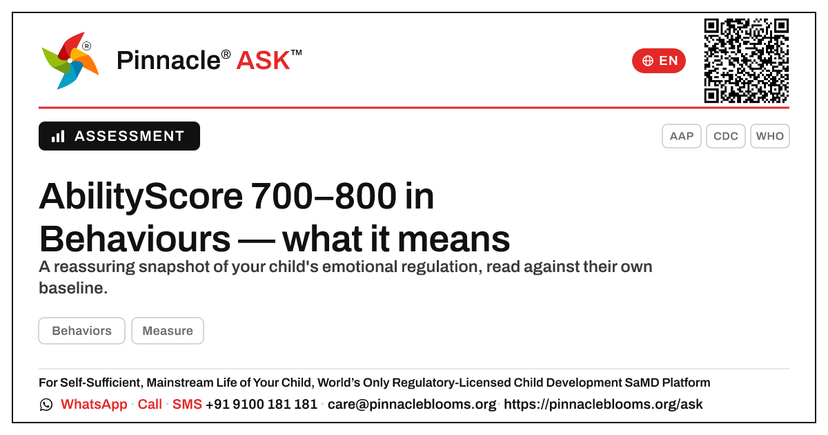 What does an AbilityScore of 700–800 in Behaviours mean for my child? — Pinnacle Ask answer card with a short explanation and QR link