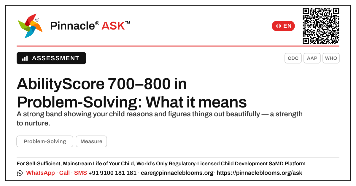 What does an AbilityScore of 700–800 in Problem-Solving mean for my child? — Pinnacle Ask answer card with a short explanation and QR link