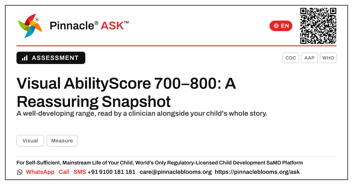 What does an AbilityScore of 700–800 in Visual mean for my child? — Pinnacle Ask answer card with a short explanation and QR link