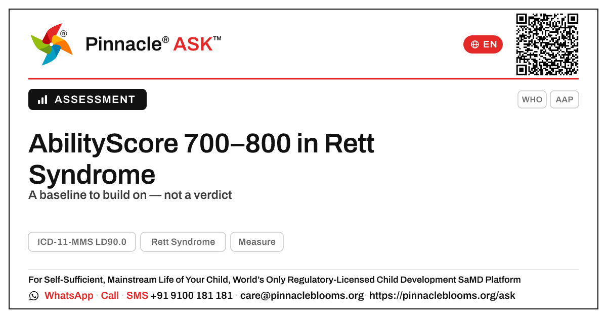 What an AbilityScore of 700–800 Means for a Child with Rett Syndrome — Pinnacle Ask answer card with a short explanation and QR link
