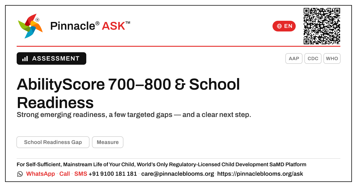 What does an AbilityScore of 700–800 mean for a child with School Readiness Gap? — Pinnacle Ask answer card with a short explanation and QR link