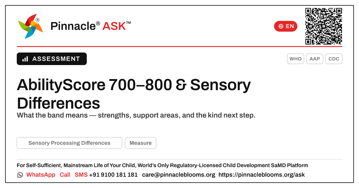 What does an AbilityScore of 700–800 mean for a child with Sensory Processing Differences? — Pinnacle Ask answer card with a short explanation and QR link