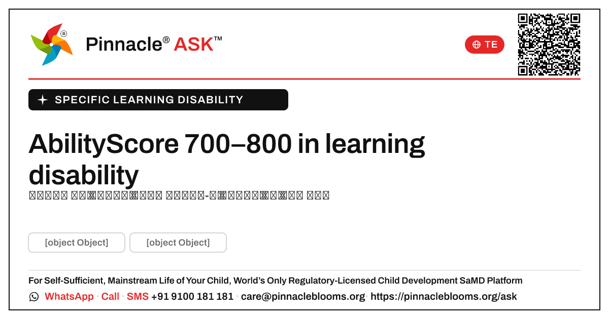 ఒక నిర్దిష్ట learning disabilityలో 700–800 యొక్క AbilityScore అంటే ఏమిటి? — Pinnacle Ask answer card with a short explanation and QR link