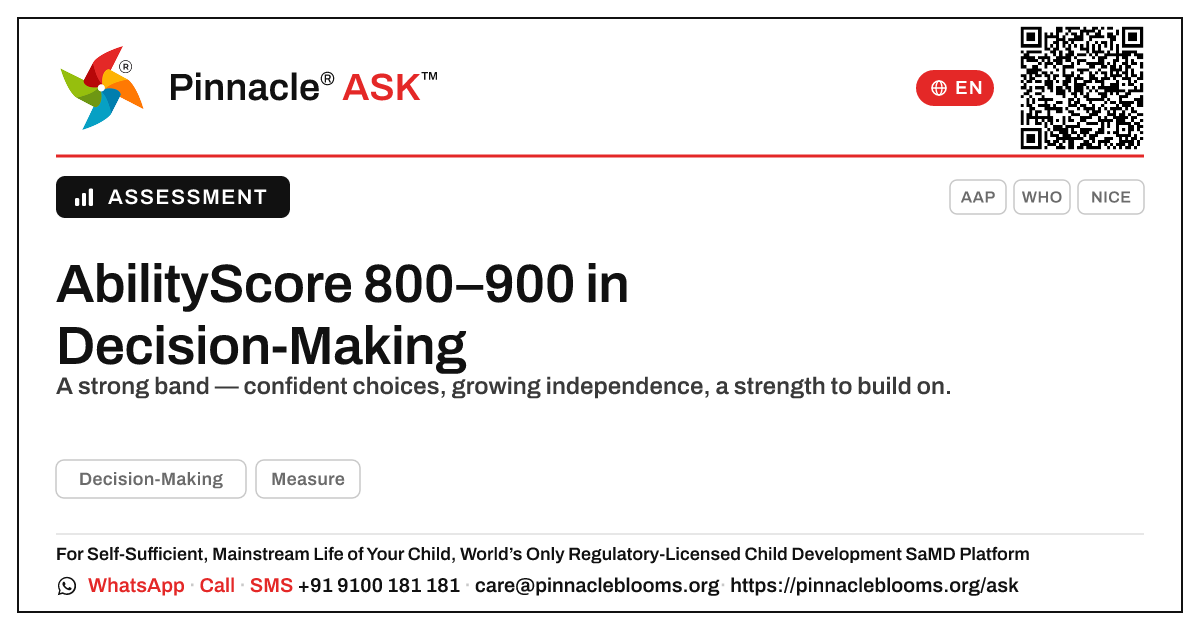 What an AbilityScore of 800–900 in Decision-Making Means — Pinnacle Ask answer card with a short explanation and QR link