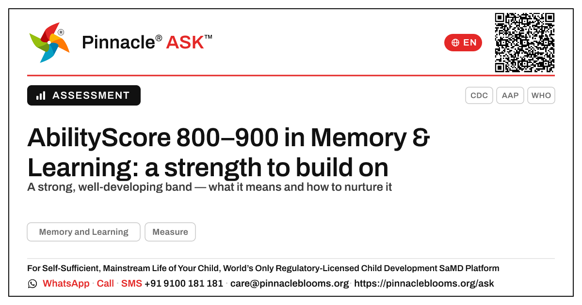 What does an AbilityScore of 800–900 in Memory and Learning mean for my child? — Pinnacle Ask answer card with a short explanation and QR link