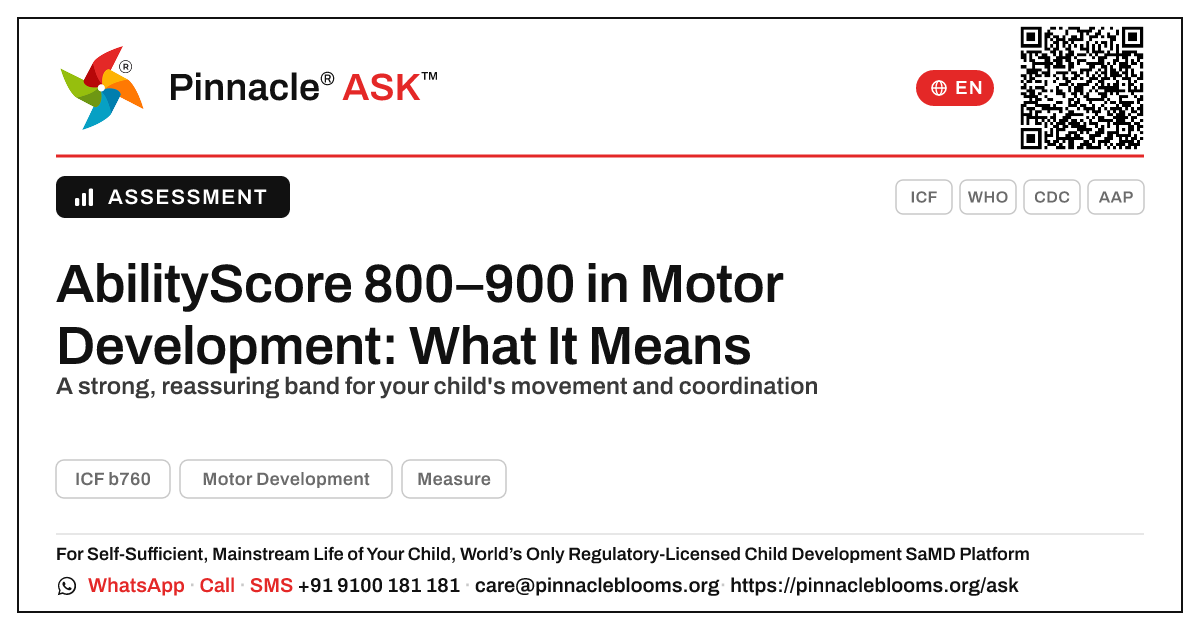 What does an AbilityScore of 800–900 in Motor Development mean? — Pinnacle Ask answer card with a short explanation and QR link