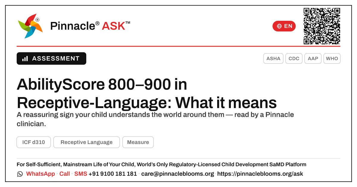 What does an AbilityScore of 800–900 in Receptive-Language mean for my child? — Pinnacle Ask answer card with a short explanation and QR link