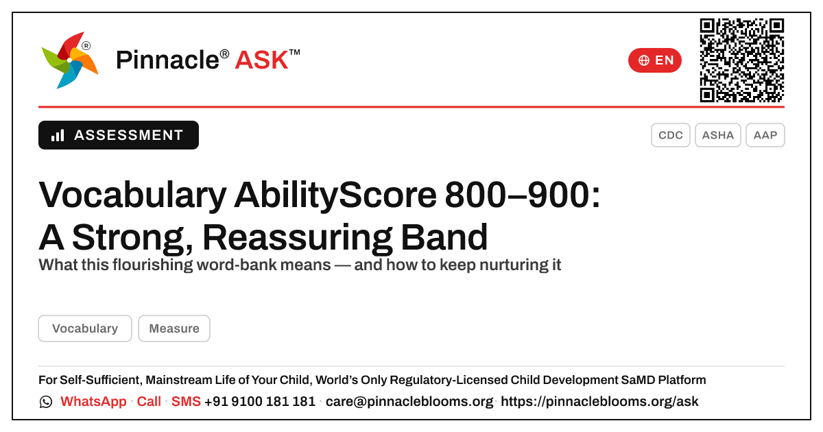 Vocabulary AbilityScore 800–900 — Pinnacle Ask answer card with a short explanation and QR link