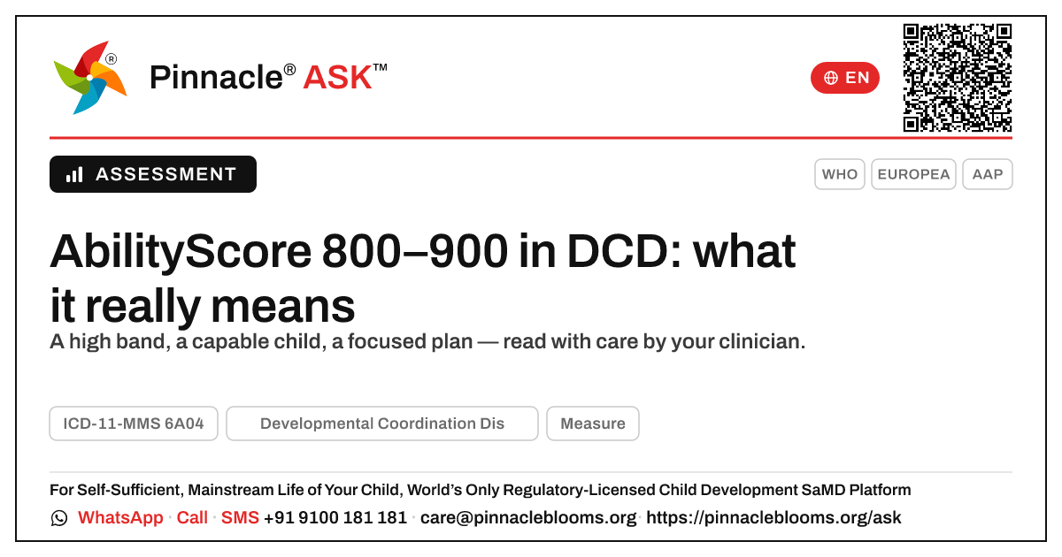 What does an AbilityScore of 800–900 mean for a child with Developmental Coordination Disorder? — Pinnacle Ask answer card with a short explanation and QR link