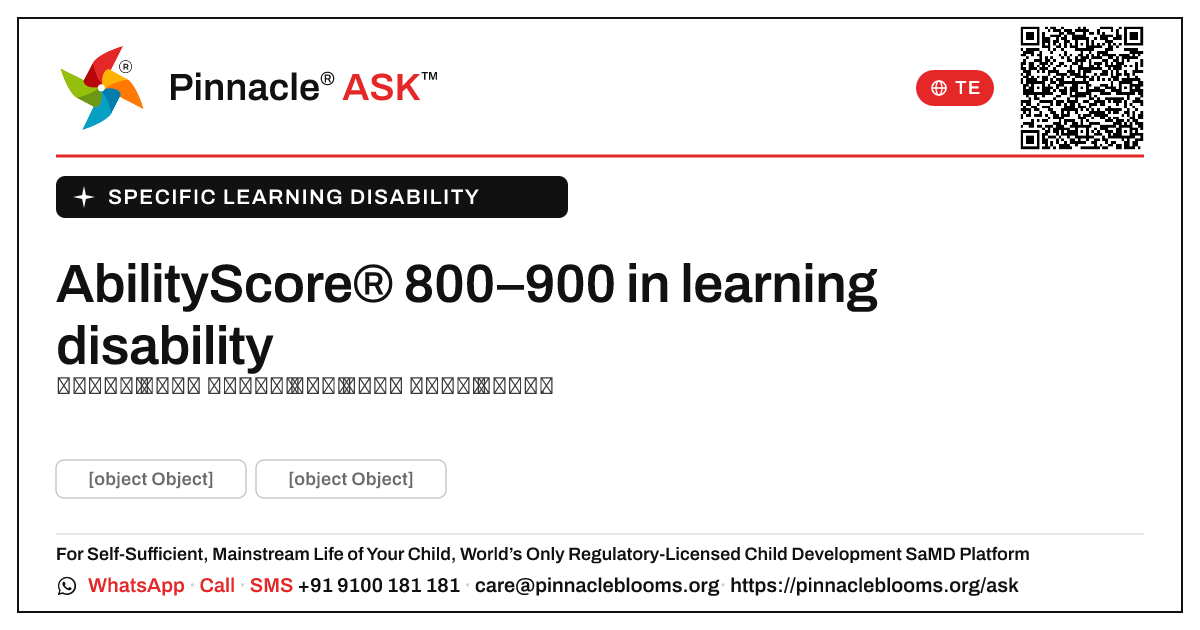 AbilityScore® 800–900 నిర్దిష్ట learning disabilityలో — Pinnacle Ask answer card with a short explanation and QR link