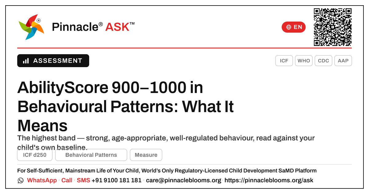 What an AbilityScore of 900–1000 in Behavioural Patterns Means for Your Child — Pinnacle Ask answer card with a short explanation and QR link