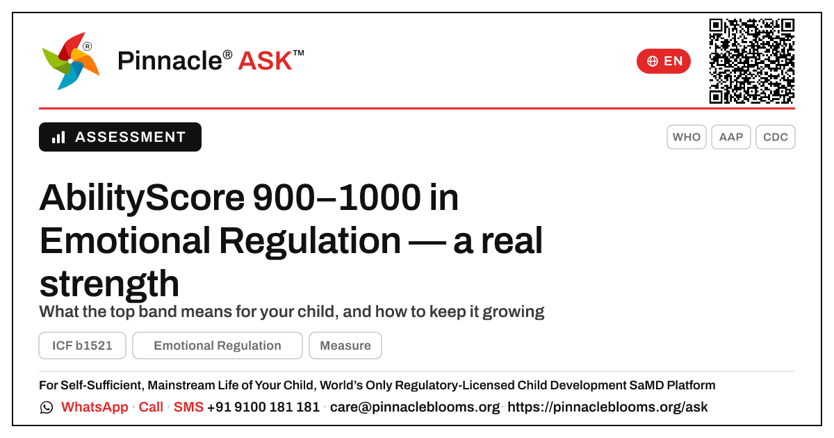What an AbilityScore of 900–1000 in Emotional Regulation means — Pinnacle Ask answer card with a short explanation and QR link