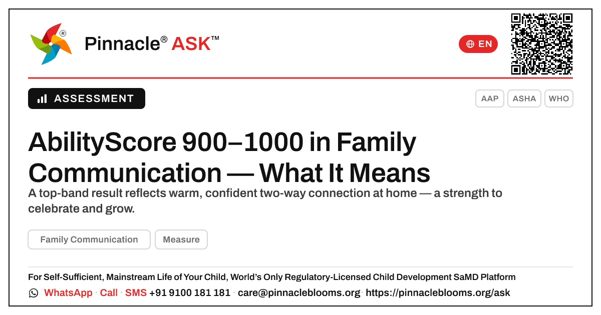What an AbilityScore of 900–1000 in Family Communication Means for Your Child — Pinnacle Ask answer card with a short explanation and QR link