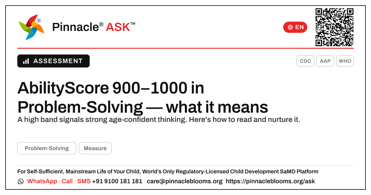 What does an AbilityScore of 900–1000 in Problem-Solving mean for my child? — Pinnacle Ask answer card with a short explanation and QR link