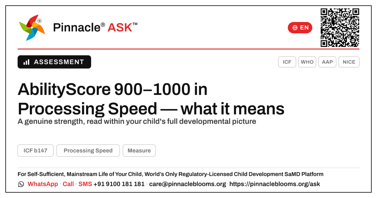 What an AbilityScore of 900–1000 in Processing Speed means for your child — Pinnacle Ask answer card with a short explanation and QR link