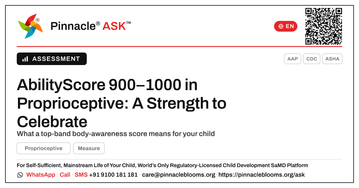 What does an AbilityScore of 900–1000 in Proprioceptive mean for my child? — Pinnacle Ask answer card with a short explanation and QR link