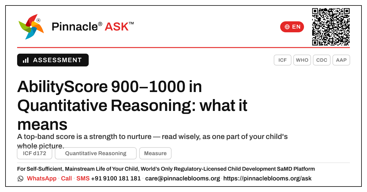 What does an AbilityScore of 900–1000 in Quantitative Reasoning mean for my child? — Pinnacle Ask answer card with a short explanation and QR link