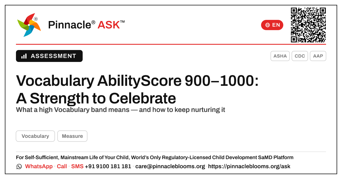 What does an AbilityScore of 900–1000 in Vocabulary mean for my child? — Pinnacle Ask answer card with a short explanation and QR link