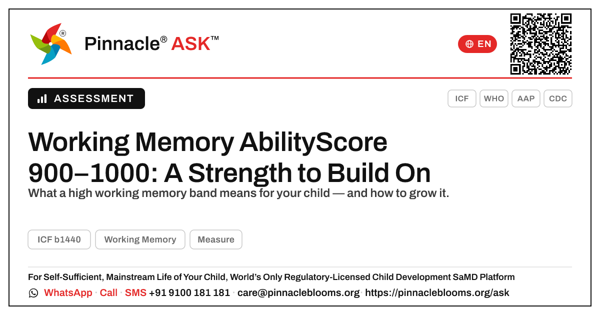 What does an AbilityScore of 900–1000 in Working Memory mean for my child? — Pinnacle Ask answer card with a short explanation and QR link