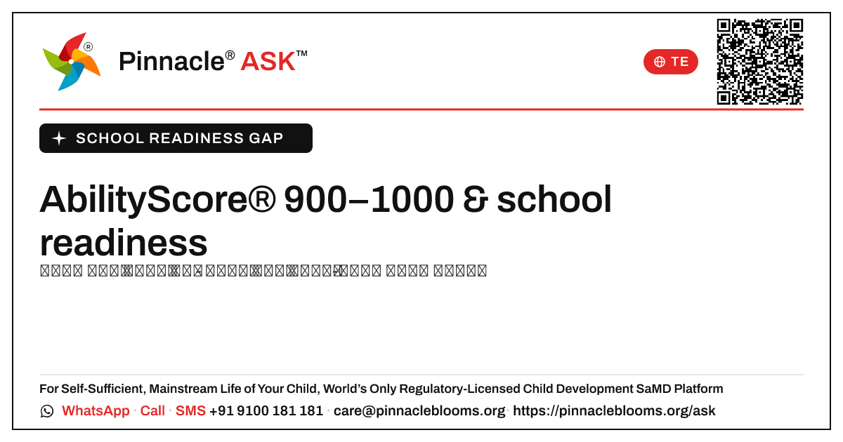 900–1000 యొక్క AbilityScore అంటే school readiness గ్యాప్కు ఏమిటి? — Pinnacle Ask answer card with a short explanation and QR link