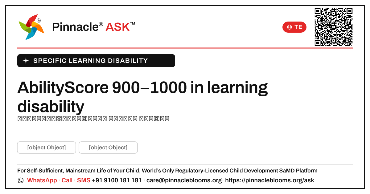 AbilityScore 900–1000 నిర్దిష్ట learning disability లో — Pinnacle Ask answer card with a short explanation and QR link
