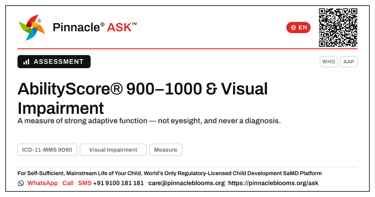 AbilityScore® 900–1000 in Visual Impairment — Pinnacle Ask answer card with a short explanation and QR link