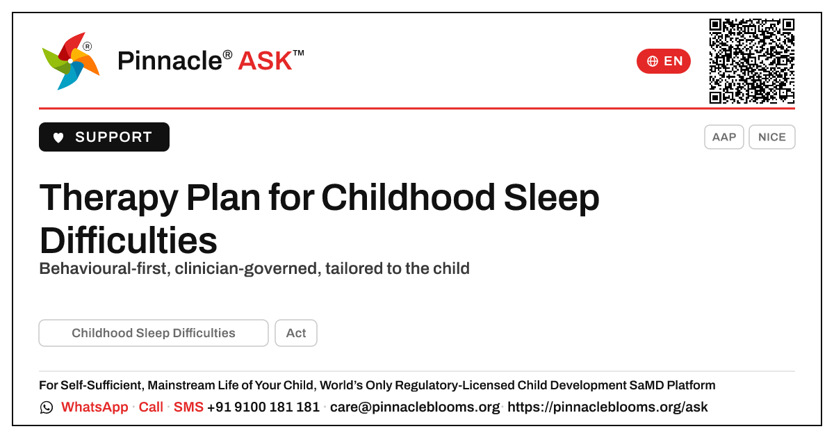 Evidence-Based Therapy Plan for Childhood Sleep Difficulties — Pinnacle Ask answer card with a short explanation and QR link