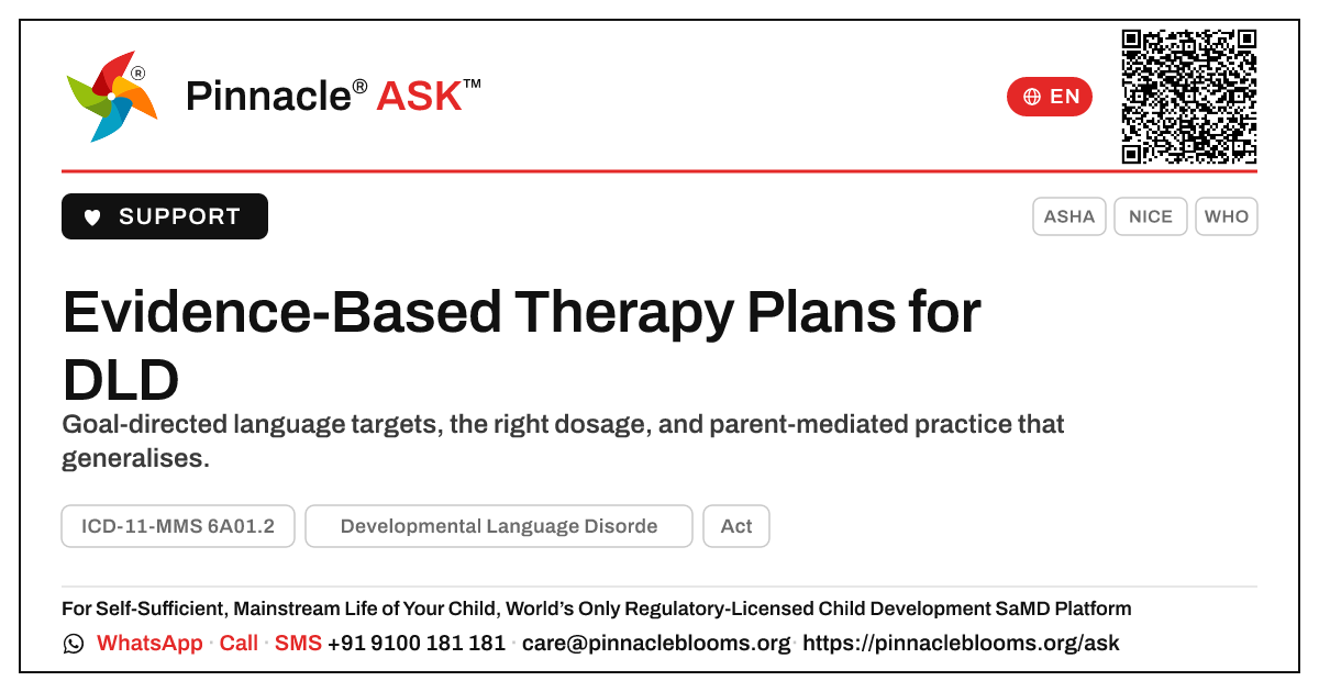 Evidence-Based Therapy Plan for Developmental Language Disorder — Pinnacle Ask answer card with a short explanation and QR link