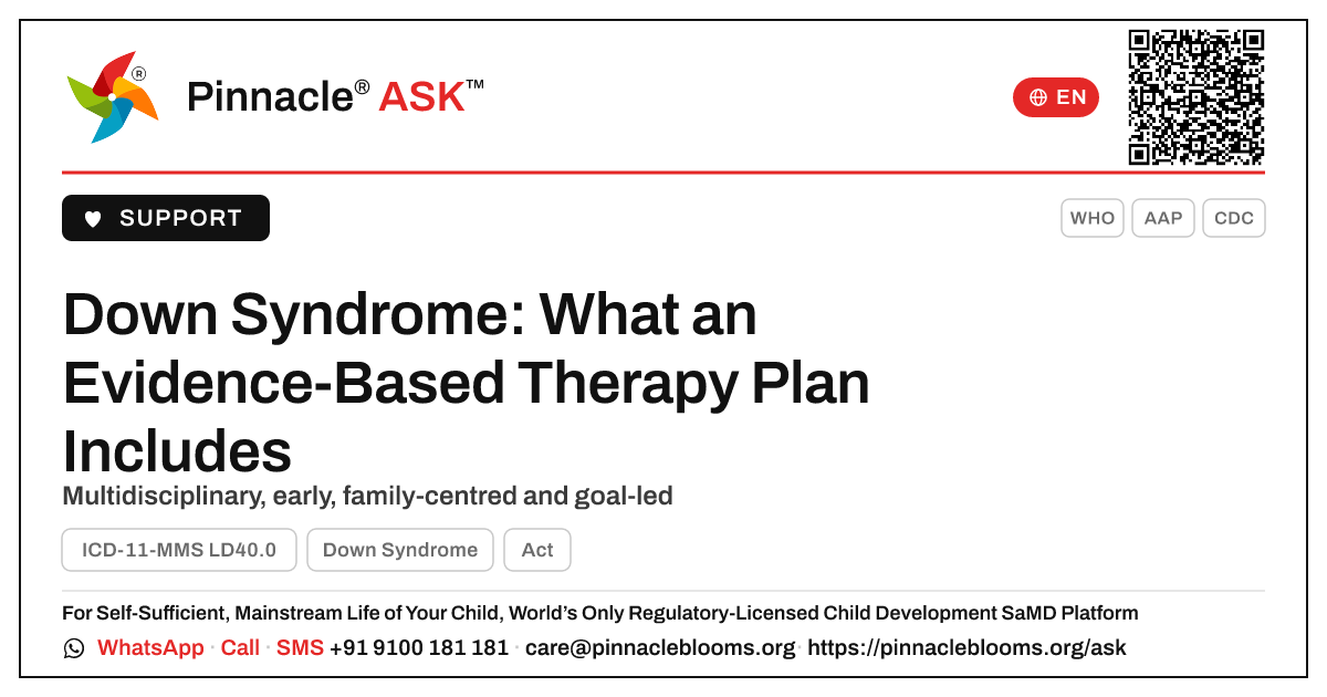 Evidence-Based Therapy Plan for Down Syndrome — Pinnacle Ask answer card with a short explanation and QR link