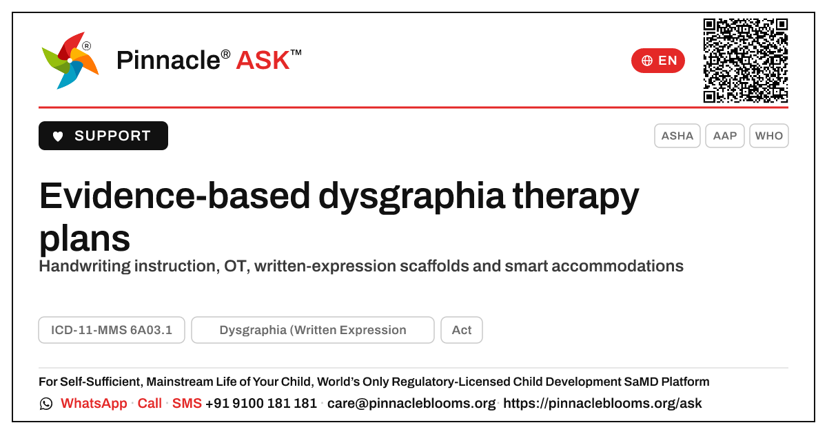 Evidence-based therapy plan for childhood dysgraphia — Pinnacle Ask answer card with a short explanation and QR link