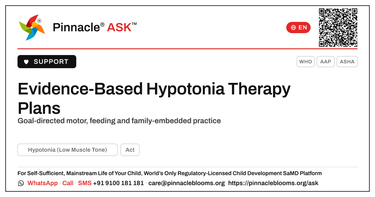 Evidence-Based Therapy Plan for Hypotonia — Pinnacle Ask answer card with a short explanation and QR link