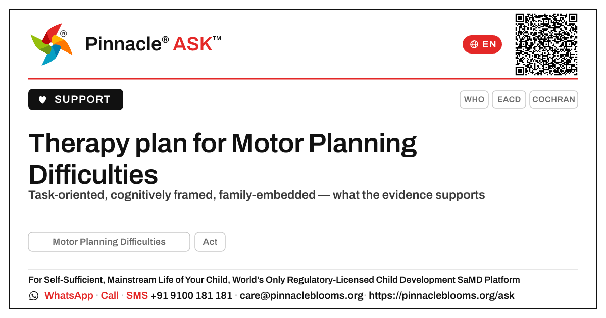What an evidence-based therapy plan for Motor Planning Difficulties includes — Pinnacle Ask answer card with a short explanation and QR link
