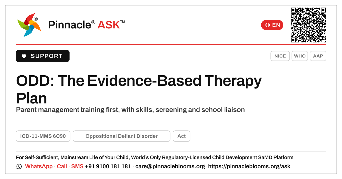Evidence-based therapy plan for a young child with ODD — Pinnacle Ask answer card with a short explanation and QR link