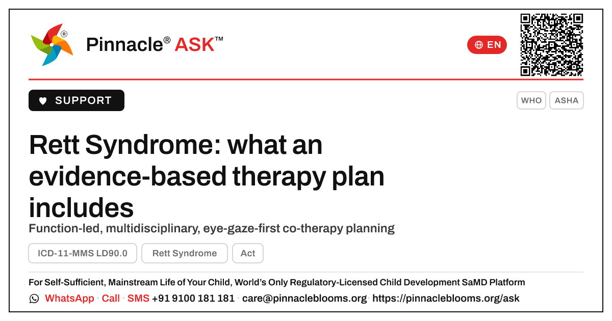 Evidence-based therapy planning for young children with Rett Syndrome — Pinnacle Ask answer card with a short explanation and QR link