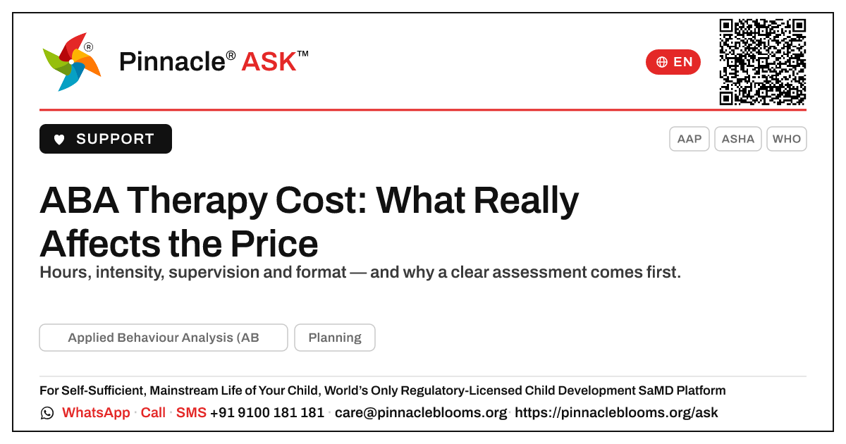 What does Applied Behaviour Analysis (ABA) typically cost, and what affects the price? — Pinnacle Ask answer card with a short explanation and QR link