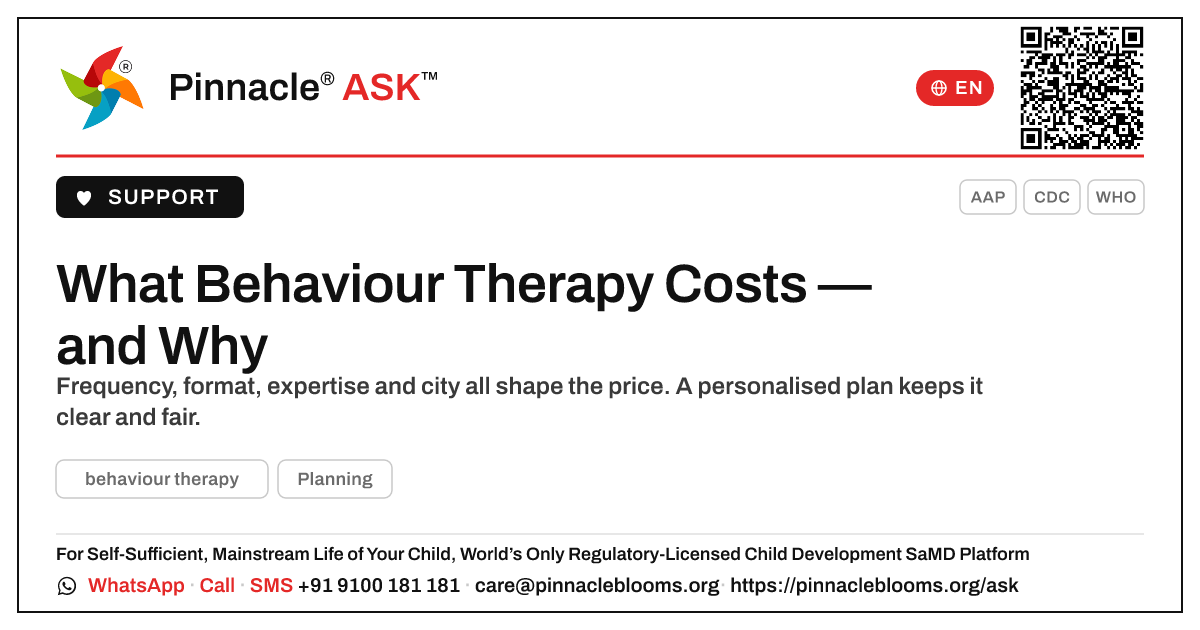What does behaviour therapy typically cost, and what affects the price? — Pinnacle Ask answer card with a short explanation and QR link