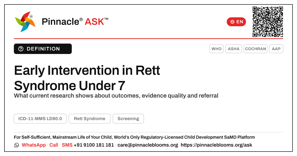 Early Intervention Outcomes in Rett Syndrome (Under 7) — Pinnacle Ask answer card with a short explanation and QR link