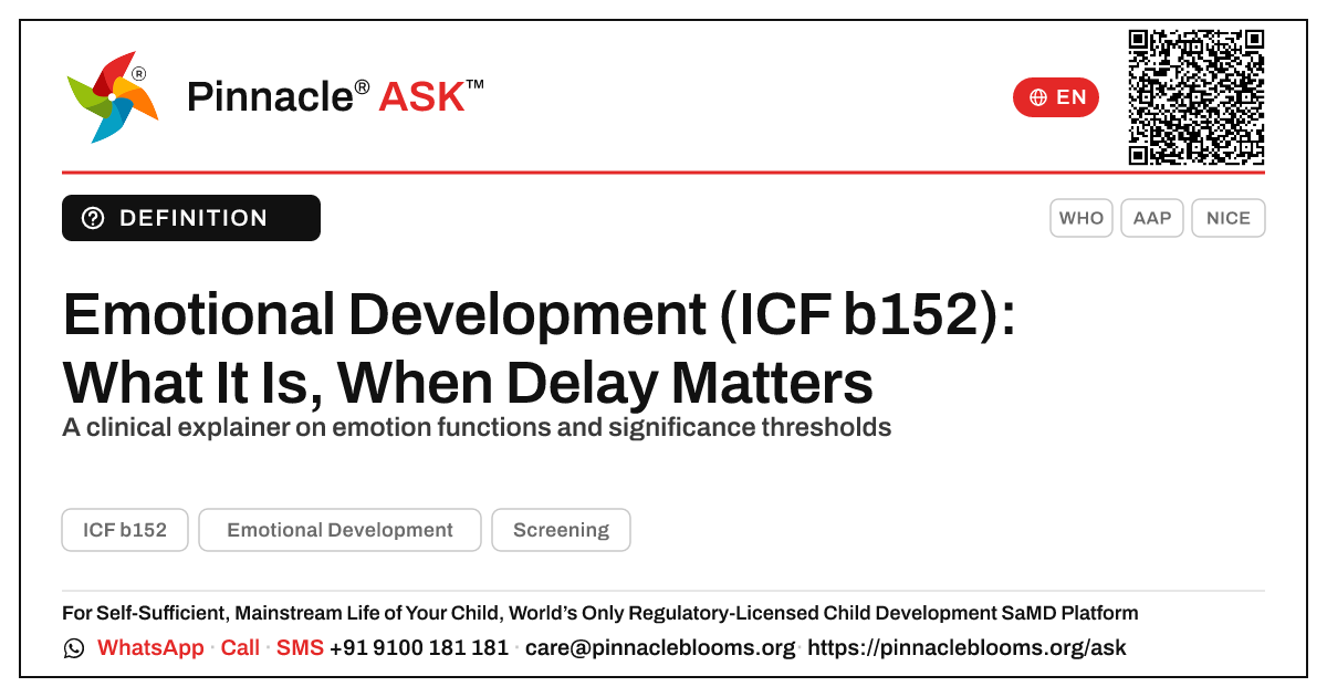 What Emotional Development Represents and When a Delay Is Significant — Pinnacle Ask answer card with a short explanation and QR link