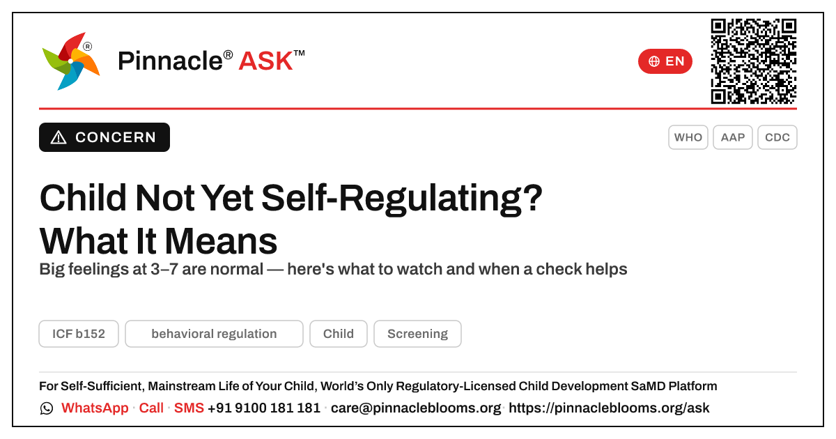 What does it mean if my child is not yet showing behavioural regulation? — Pinnacle Ask answer card with a short explanation and QR link