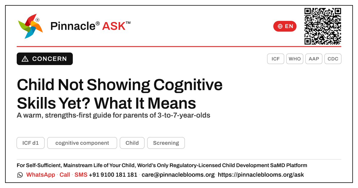 What does it mean if my child is not yet showing cognitive skills? — Pinnacle Ask answer card with a short explanation and QR link