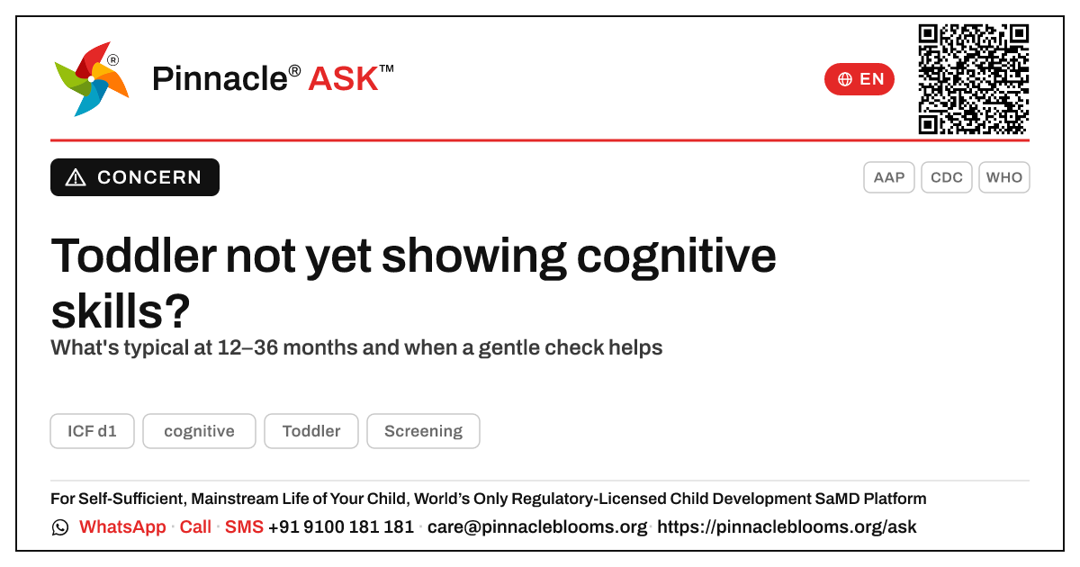 What does it mean if my toddler isn't yet showing cognitive skills? — Pinnacle Ask answer card with a short explanation and QR link