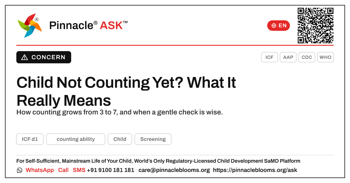 What does it mean if my child is not yet showing counting ability? — Pinnacle Ask answer card with a short explanation and QR link