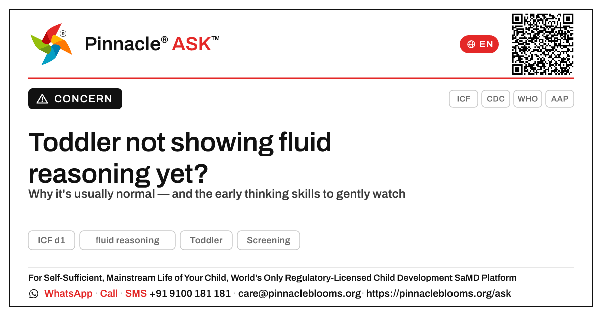 What does it mean if my child is not yet showing fluid reasoning? — Pinnacle Ask answer card with a short explanation and QR link