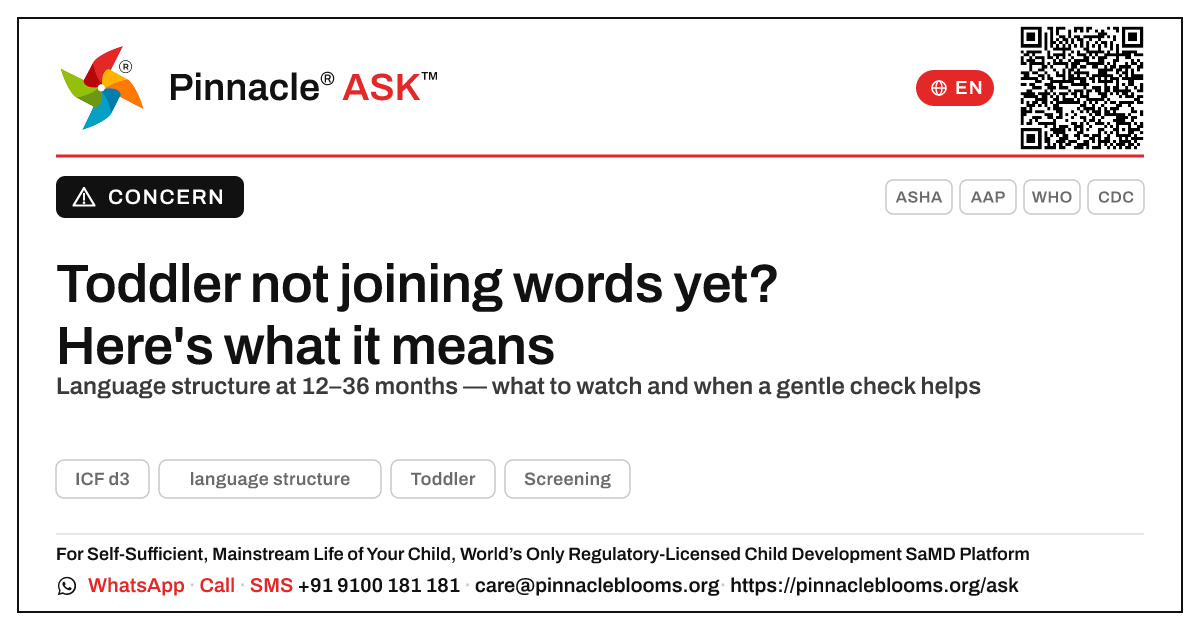 What does it mean if my child is not yet showing language structure? — Pinnacle Ask answer card with a short explanation and QR link