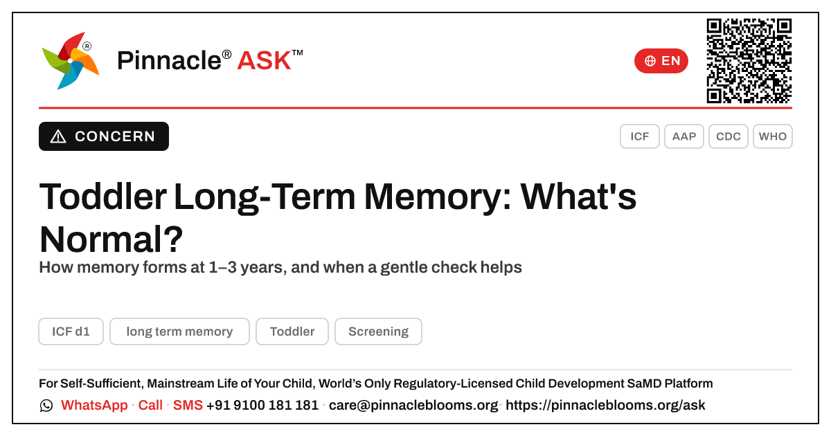 What does it mean if my child is not yet showing long-term memory? — Pinnacle Ask answer card with a short explanation and QR link